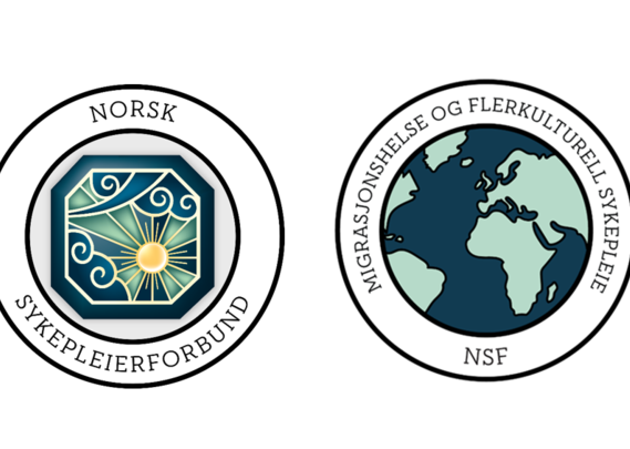 Norsk Sykepleierforbunds logo og logoen til Migrasjonshelse og flerkulturell sykepleie NSF
